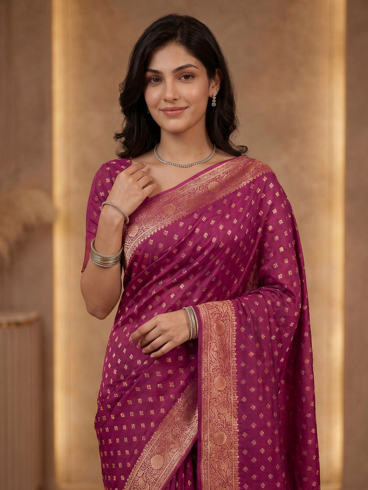 Magenta Satin Woven Saree