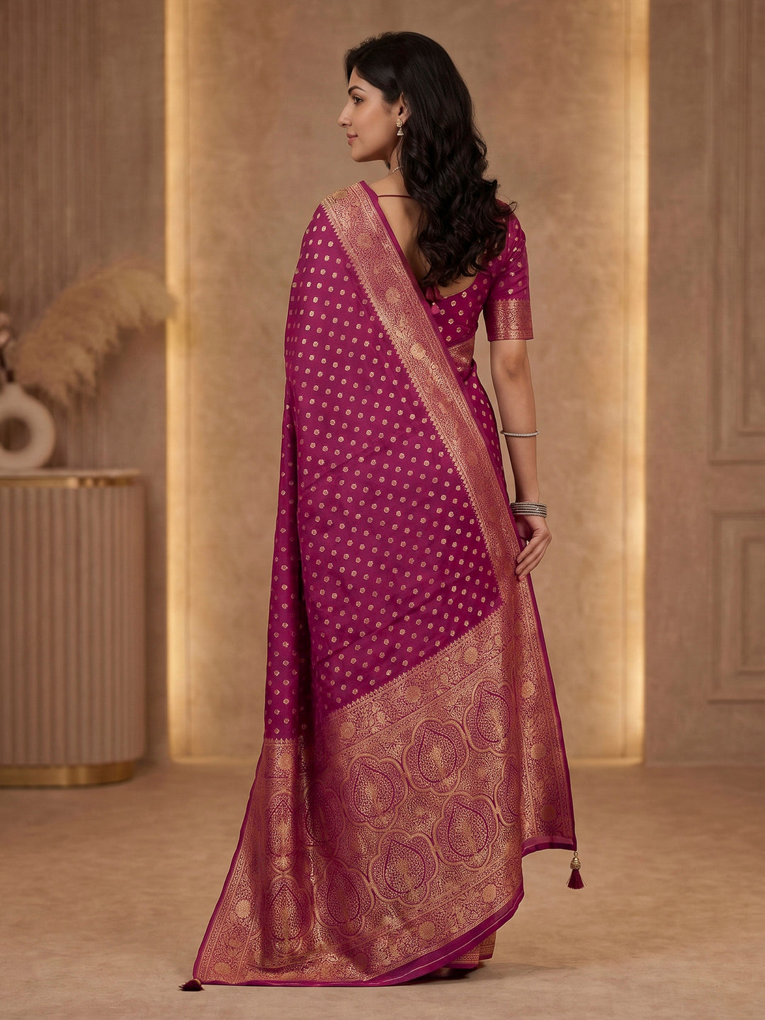 Magenta Satin Woven Saree