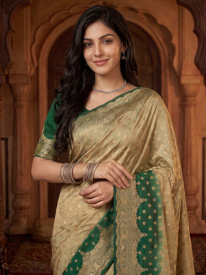 Bottle Green Satin Woven Saree