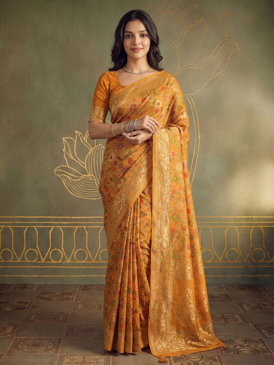 Mustard Georgette Woven Saree