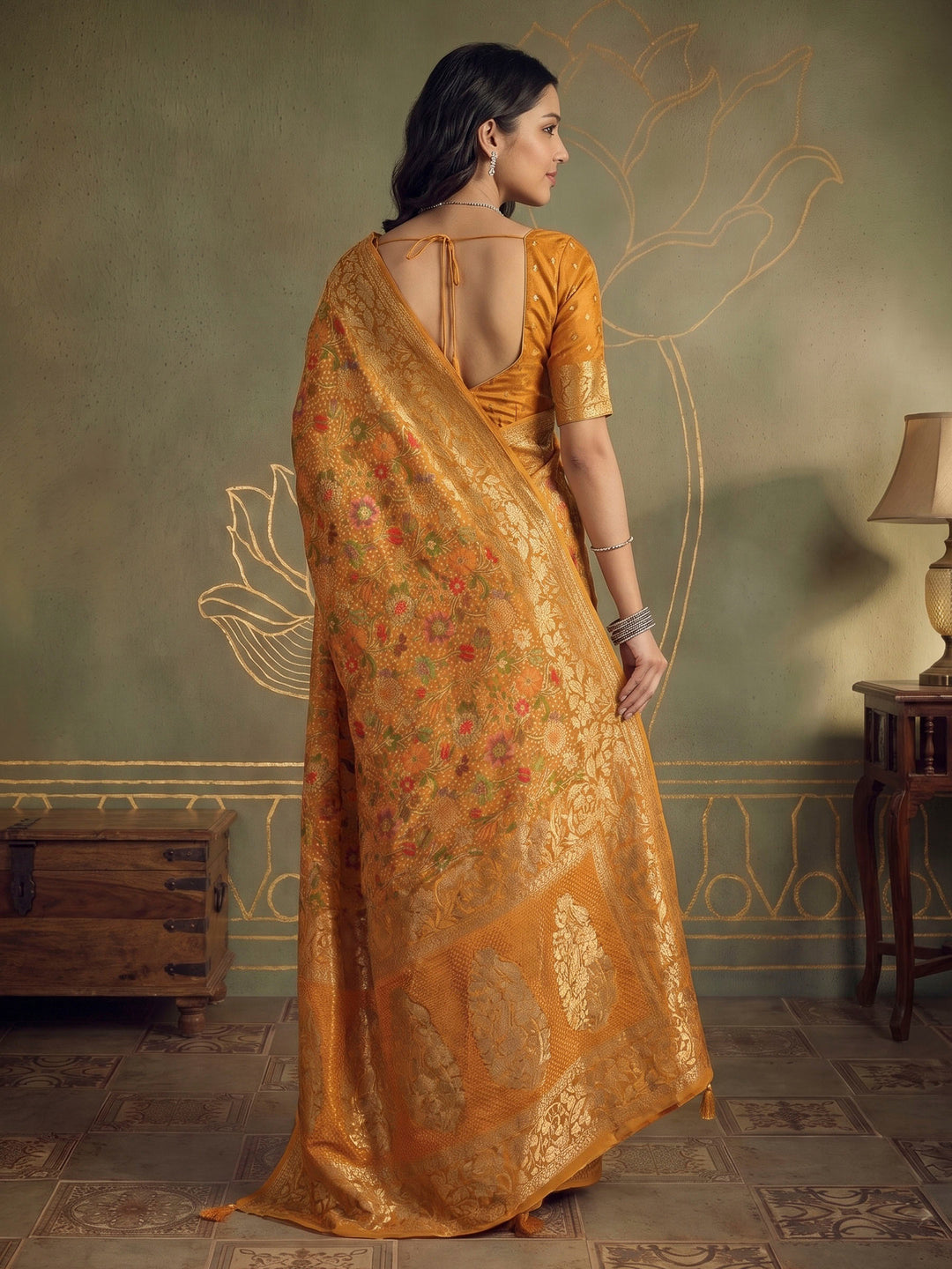 Mustard Georgette Woven Saree