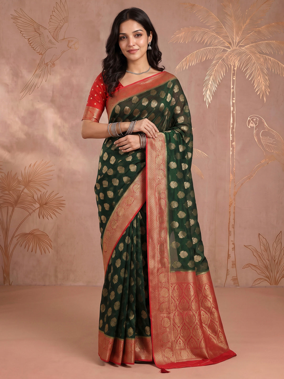 Bottle Green Georgette Woven Saree