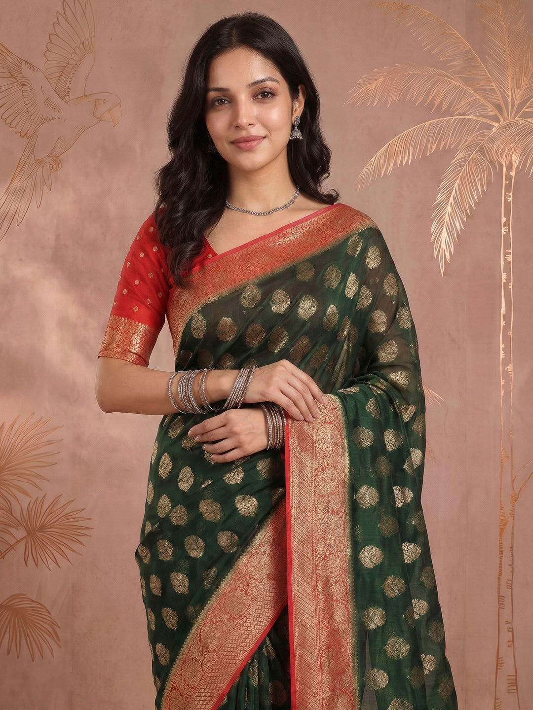 Bottle Green Georgette Woven Saree