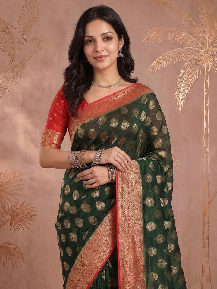 Bottle Green Georgette Woven Saree