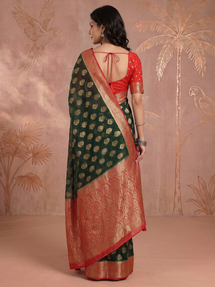 Bottle Green Georgette Woven Saree
