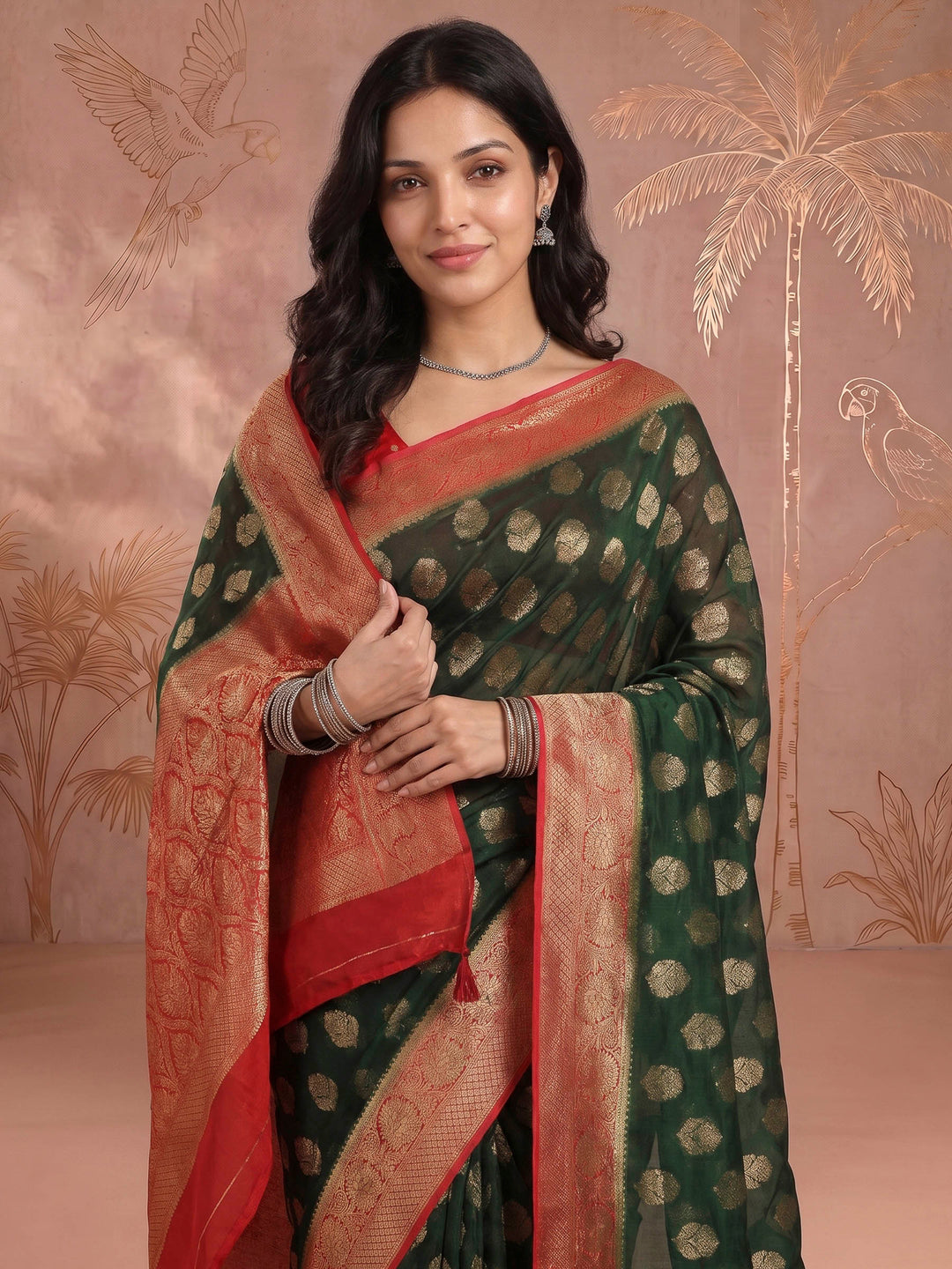 Bottle Green Georgette Woven Saree