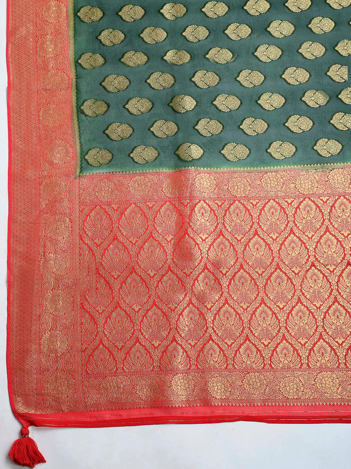 Bottle Green Georgette Woven Saree