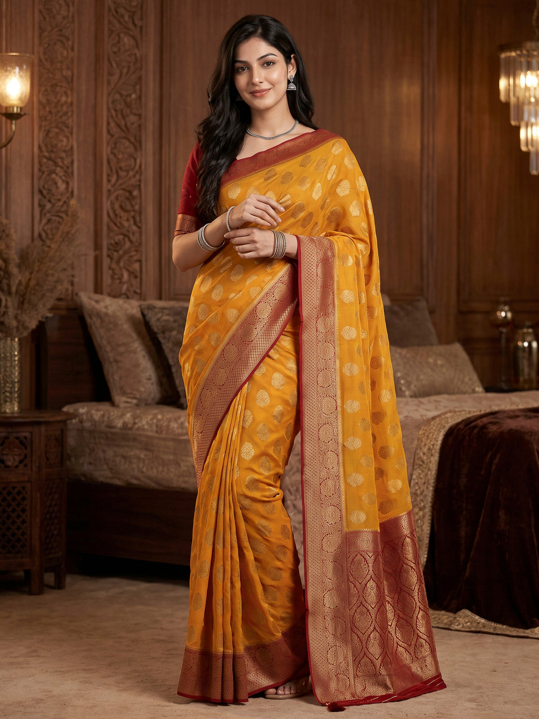 Mustard Georgette Woven Saree