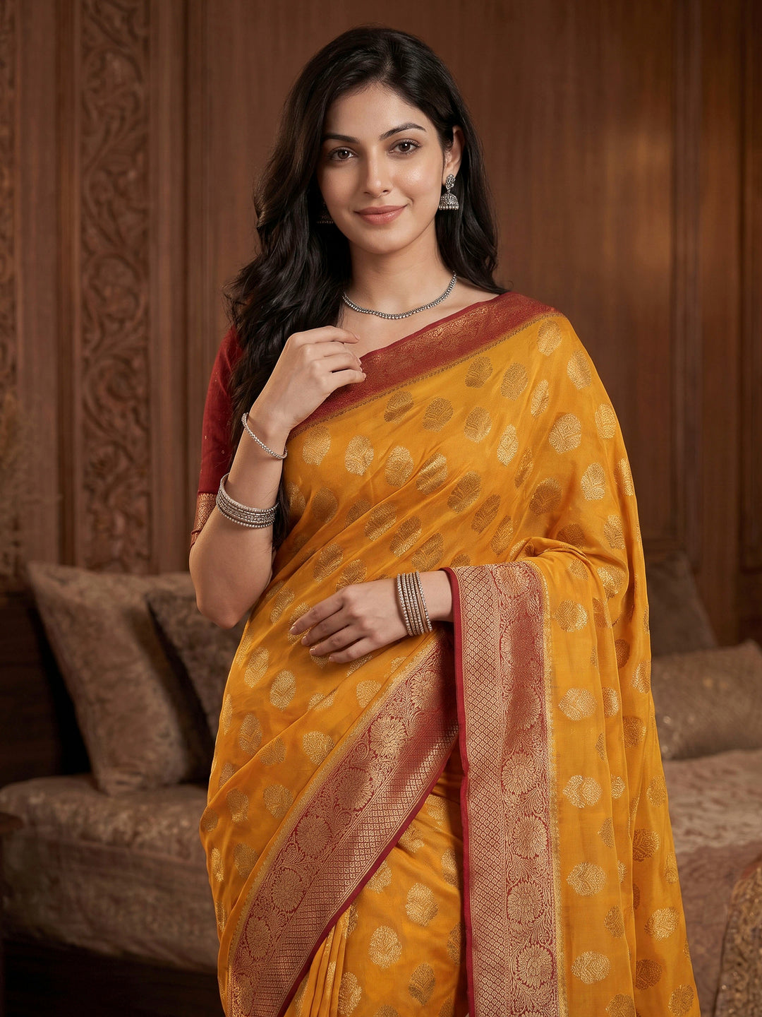 Mustard Georgette Woven Saree