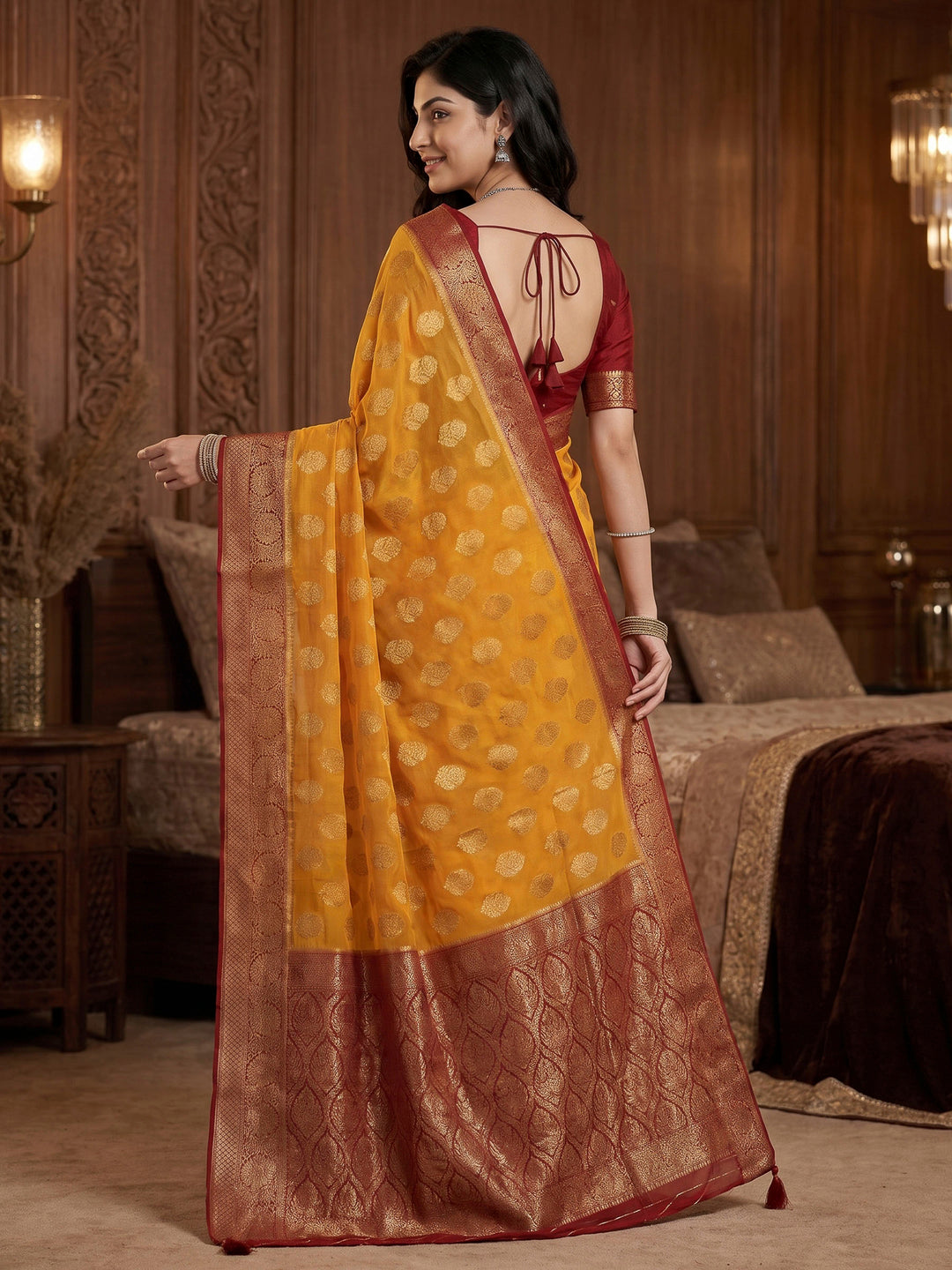 Mustard Georgette Woven Saree