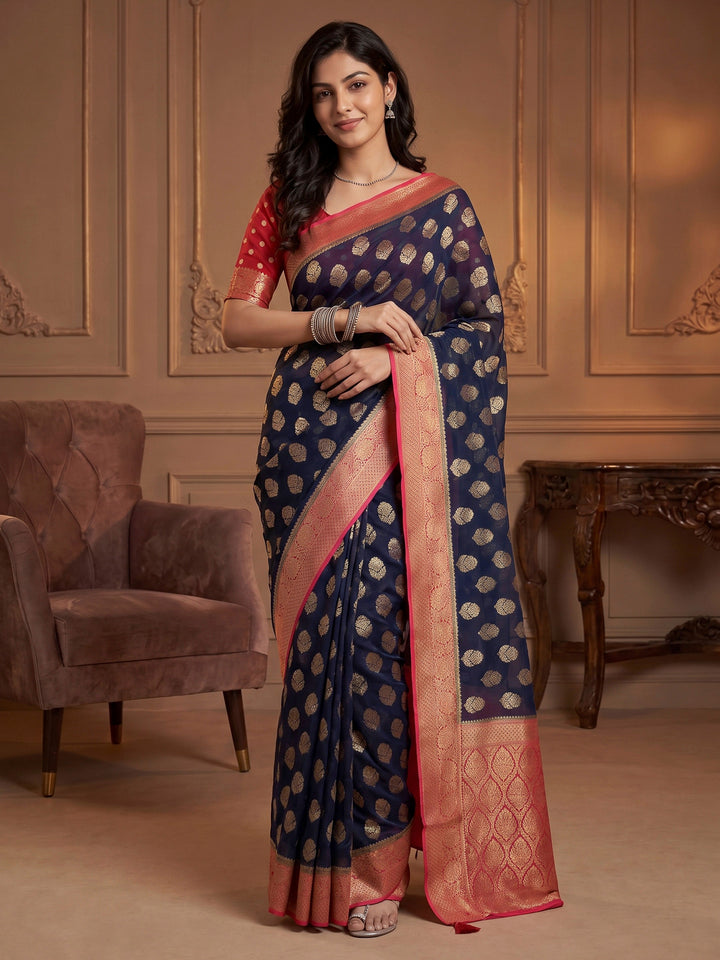 Navy Blue Georgette Woven Saree