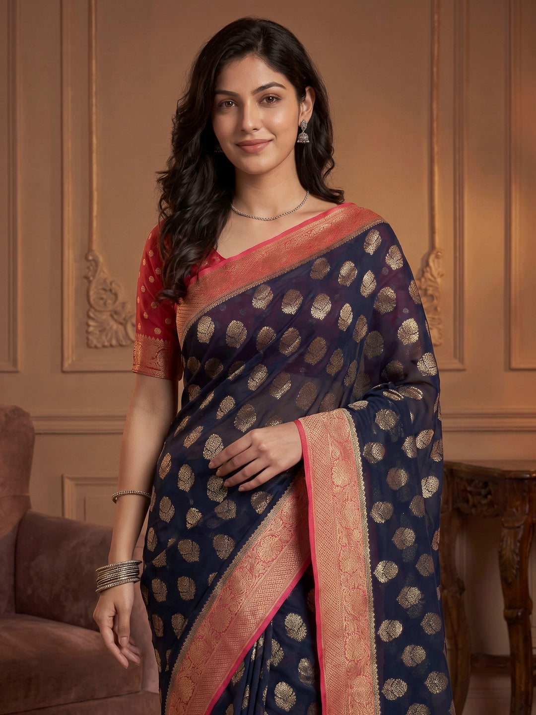 Navy Blue Georgette Woven Saree