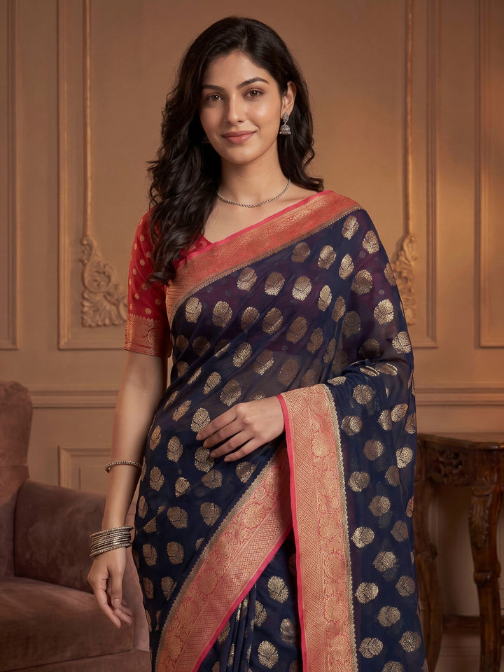 Navy Blue Georgette Woven Saree