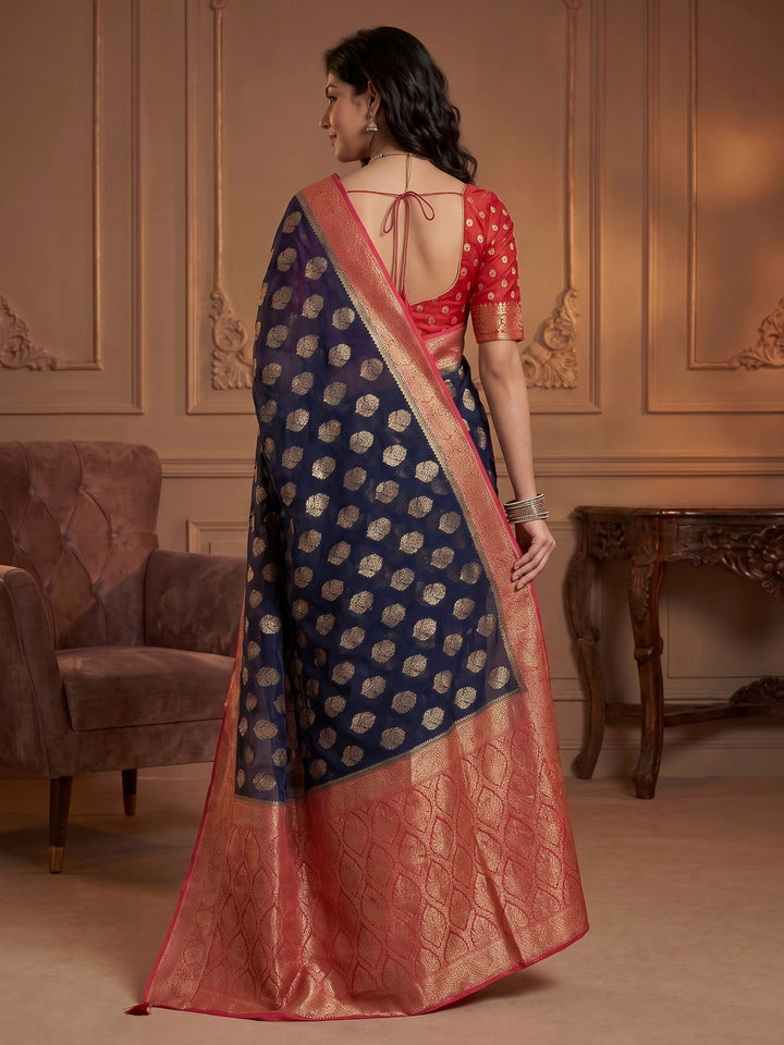 Navy Blue Georgette Woven Saree