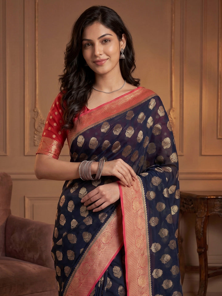 Navy Blue Georgette Woven Saree