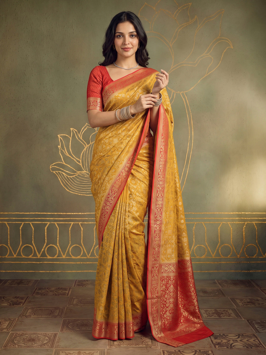Mustard Georgette Plain Saree