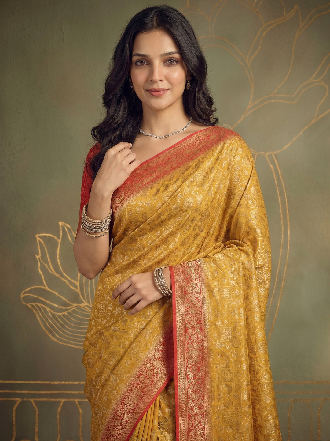 Mustard Georgette Plain Saree