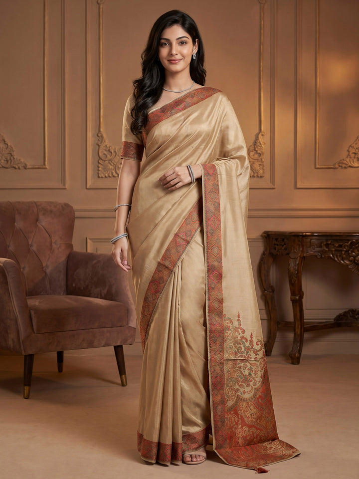 Beige Satin Woven Saree