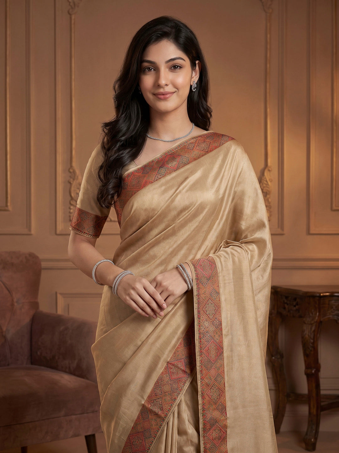 Beige Satin Woven Saree