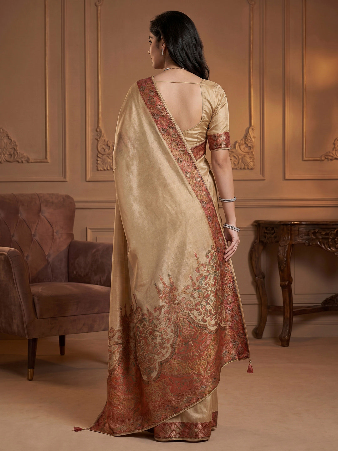 Beige Satin Woven Saree