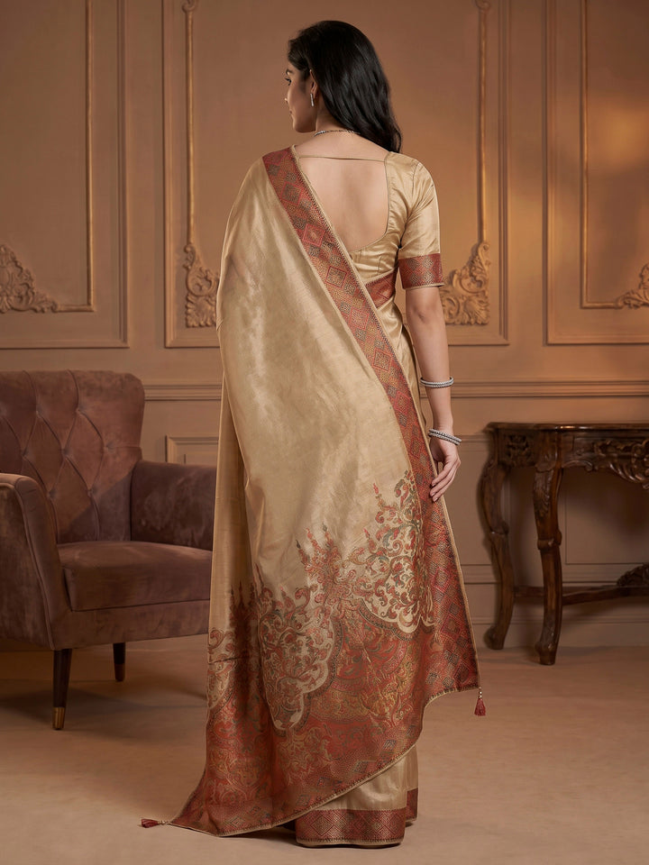 Beige Satin Woven Saree