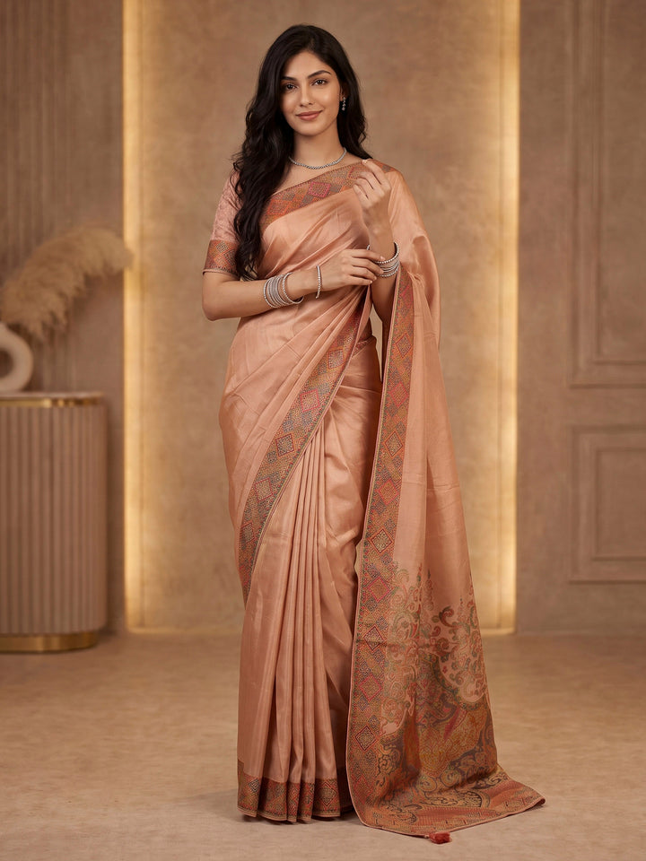 Peach Satin Woven Saree