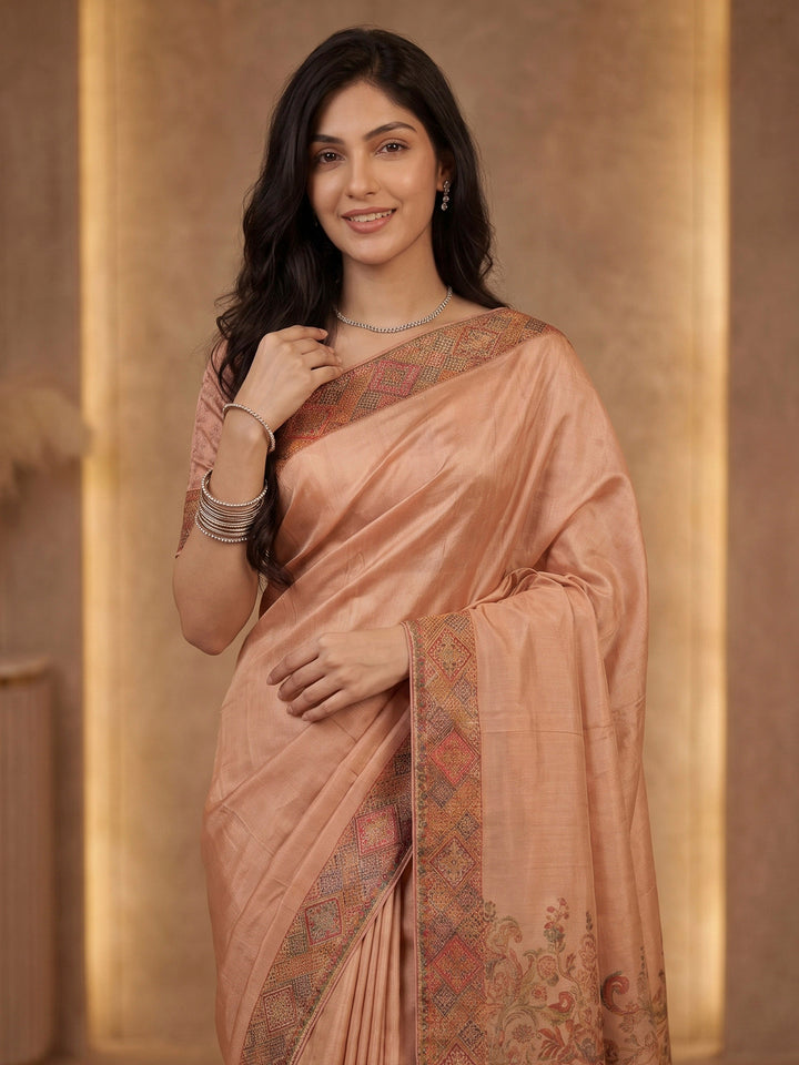 Peach Satin Woven Saree