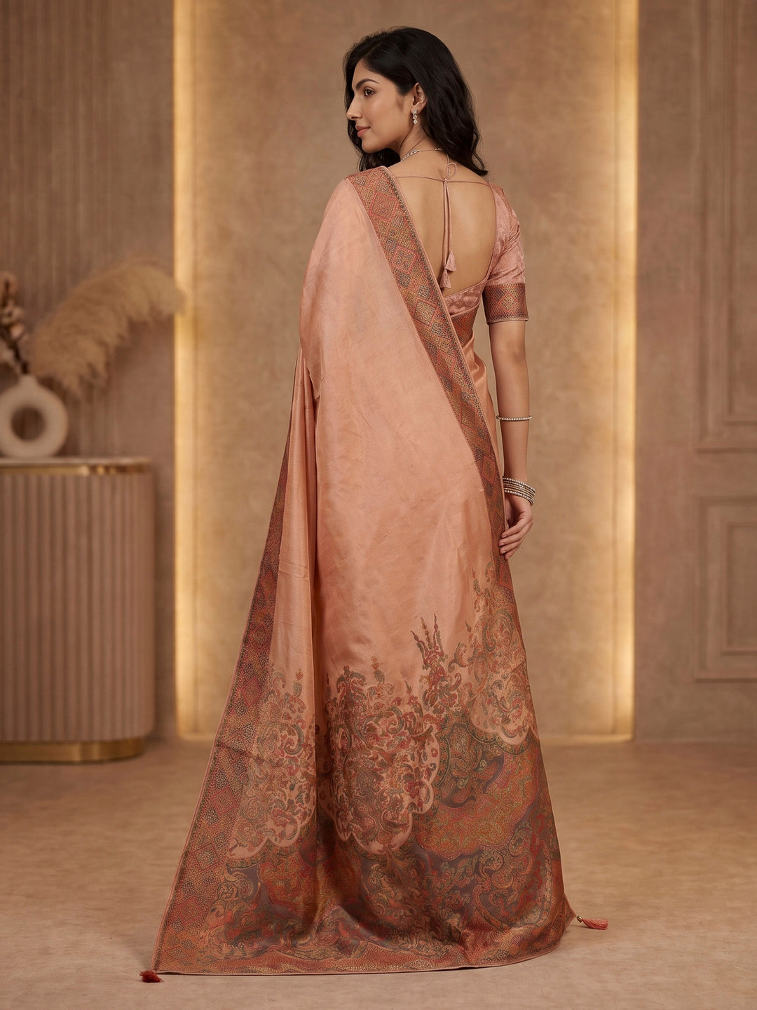 Peach Satin Woven Saree