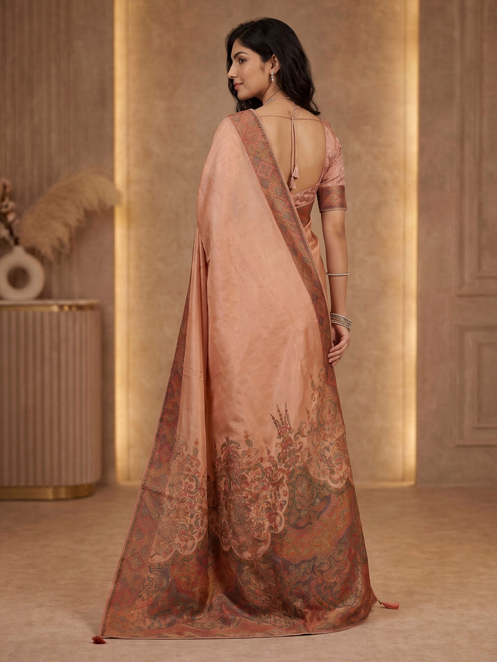 Peach Satin Woven Saree