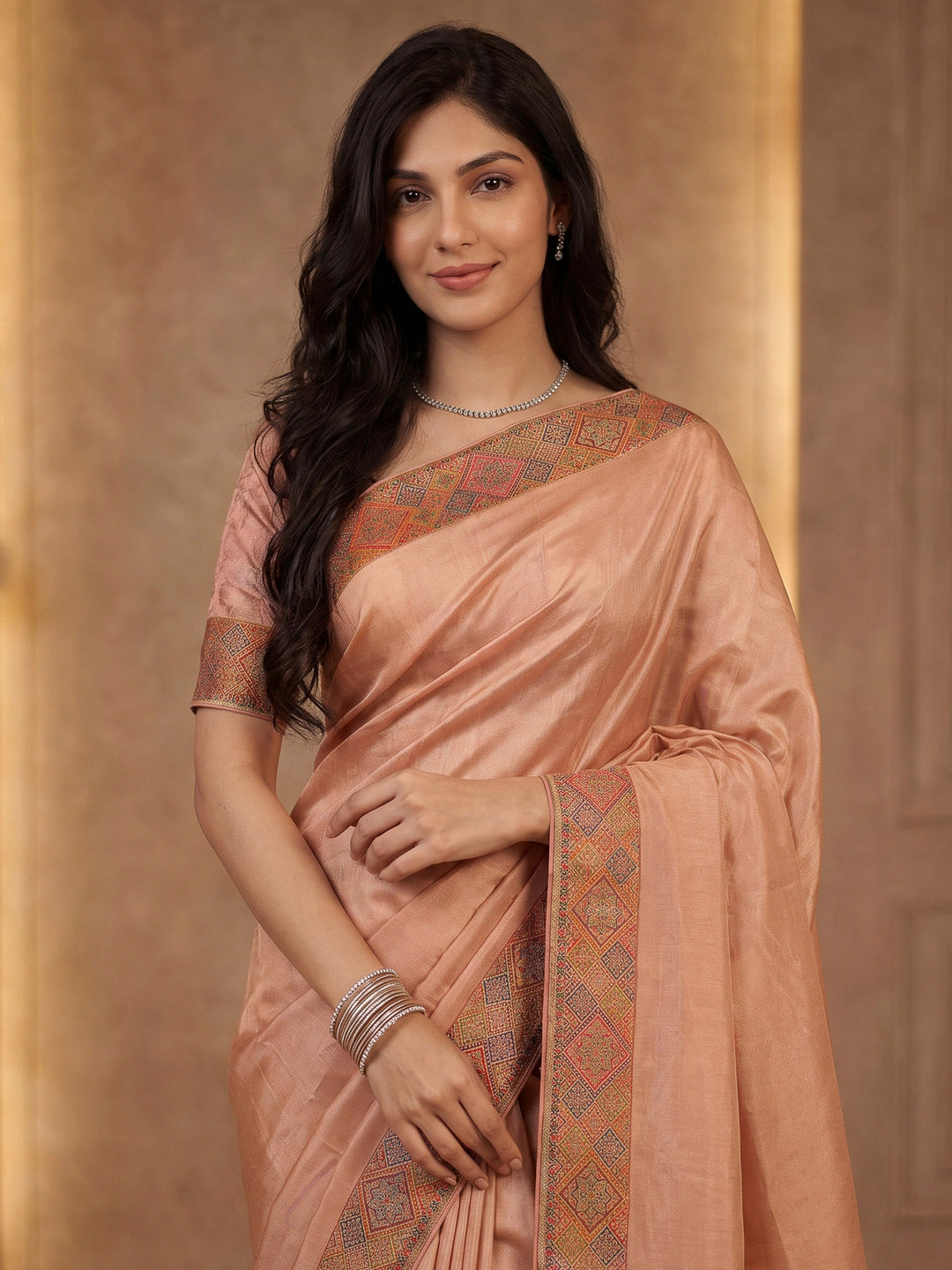 Peach Satin Woven Saree