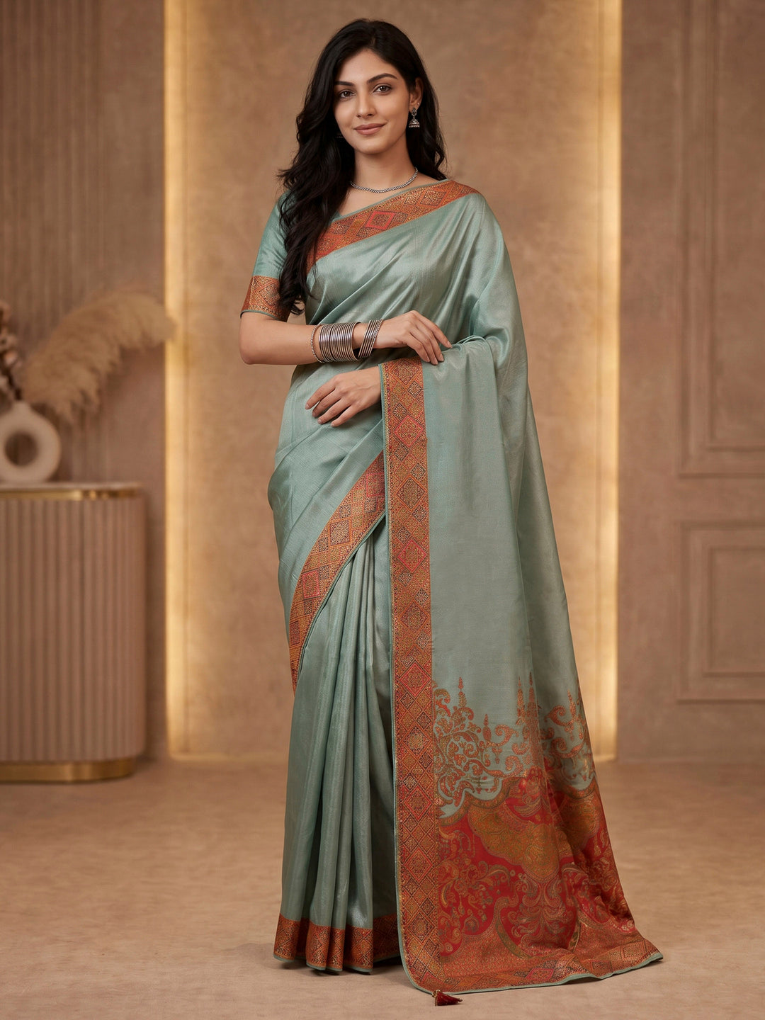 Sea Green Satin Woven Saree