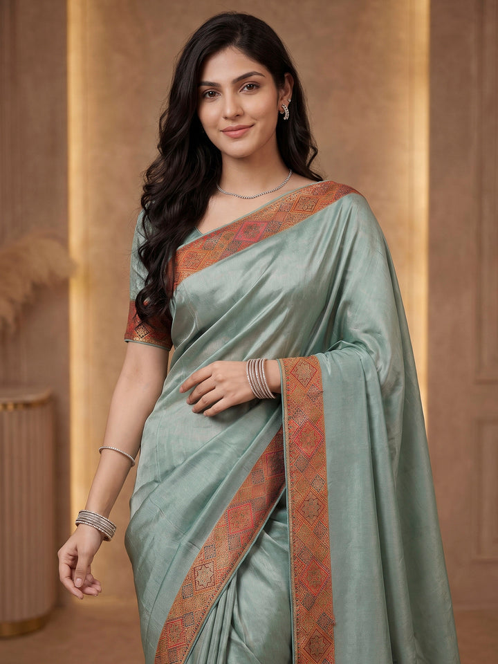 Sea Green Satin Woven Saree