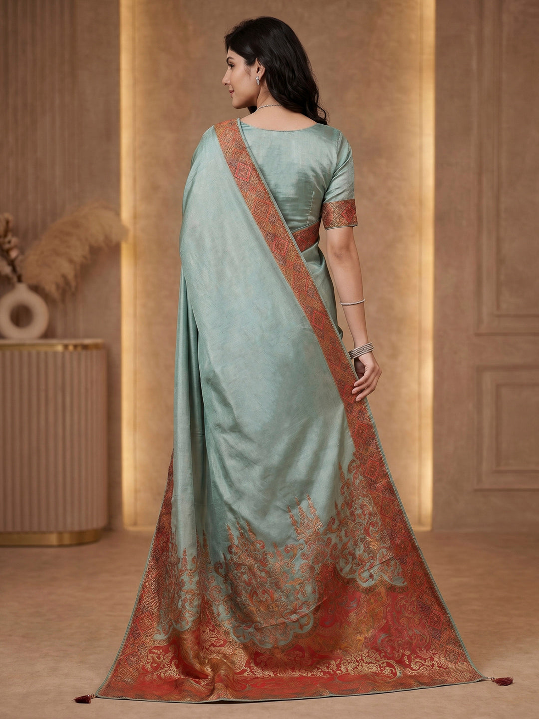Sea Green Satin Woven Saree