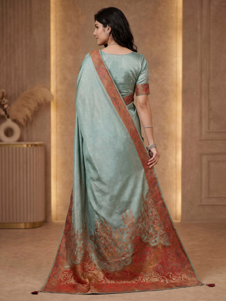 Sea Green Satin Woven Saree