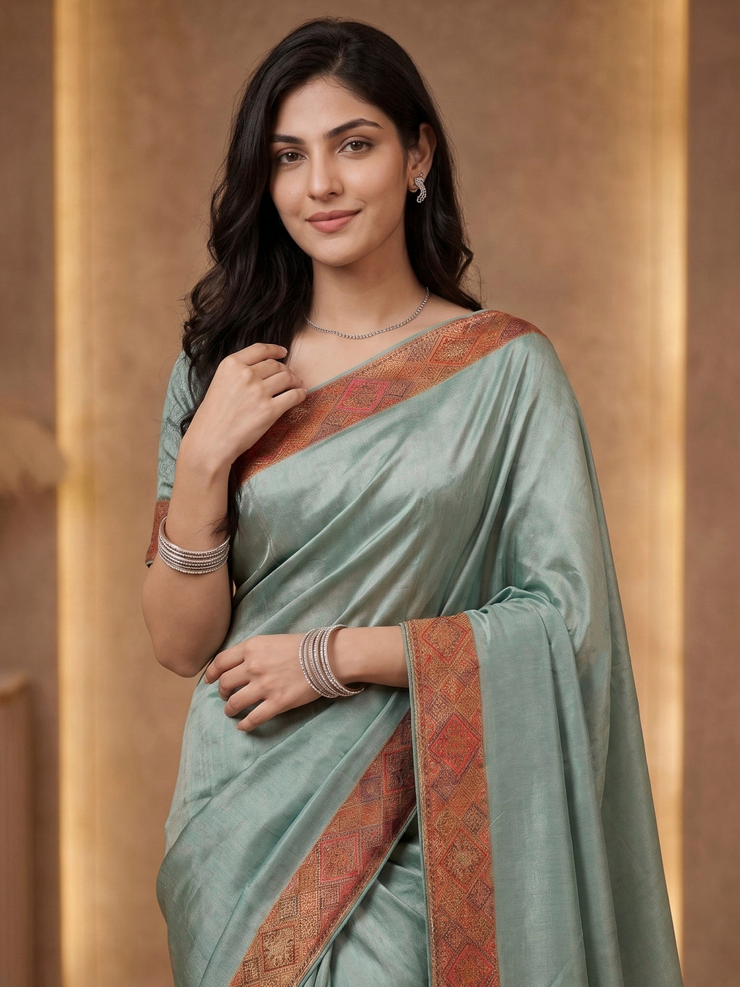 Sea Green Satin Woven Saree