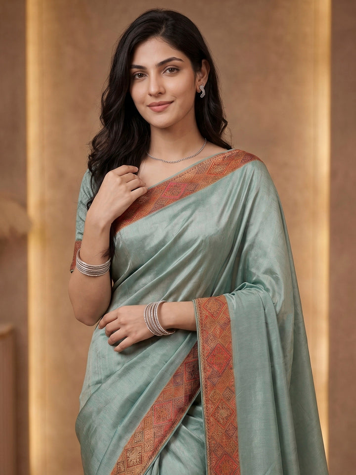 Sea Green Satin Woven Saree