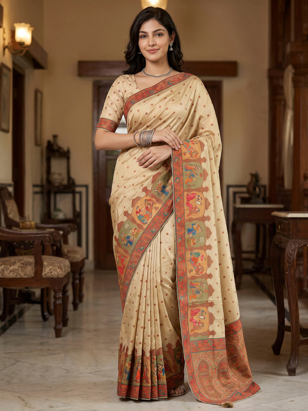 Beige Dola Silk Woven Saree
