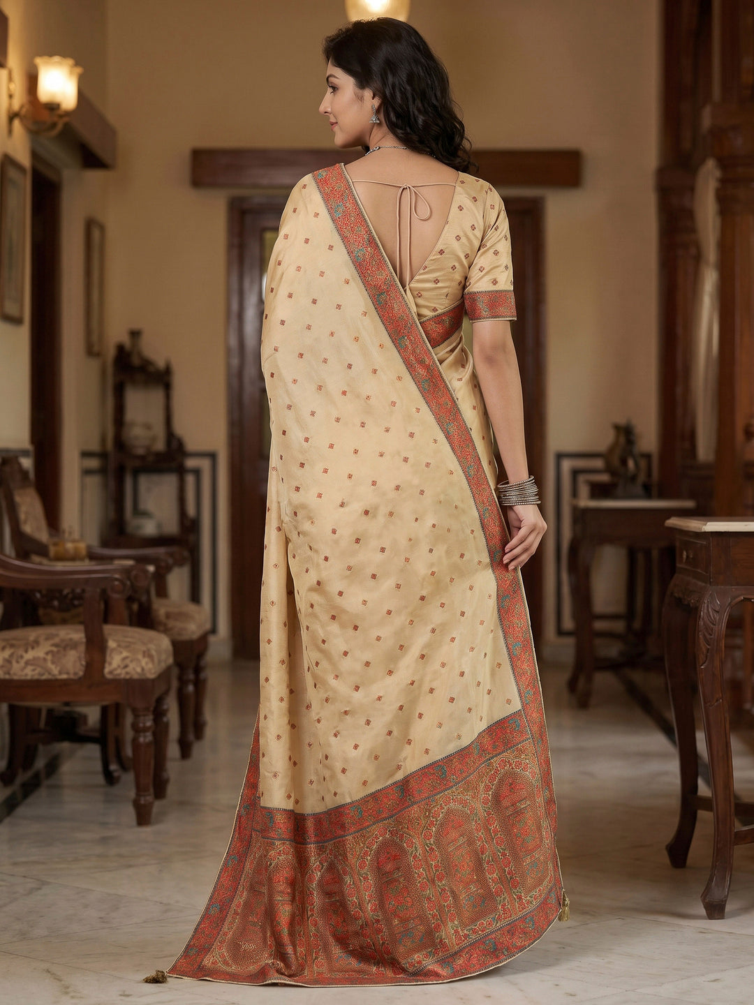 Beige Dola Silk Woven Saree