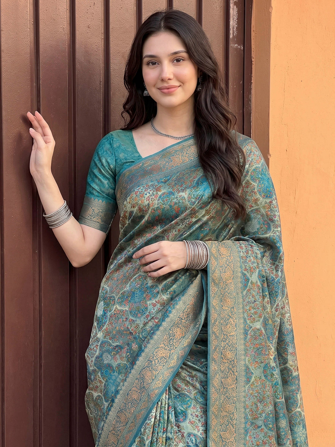 Sea Green Tissue Plain Saree
