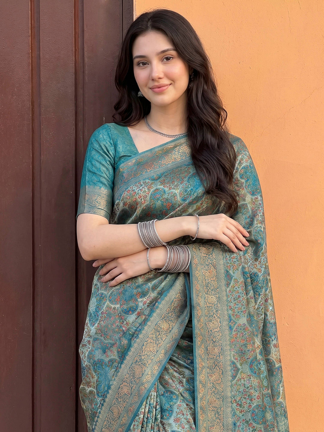 Sea Green Tissue Plain Saree