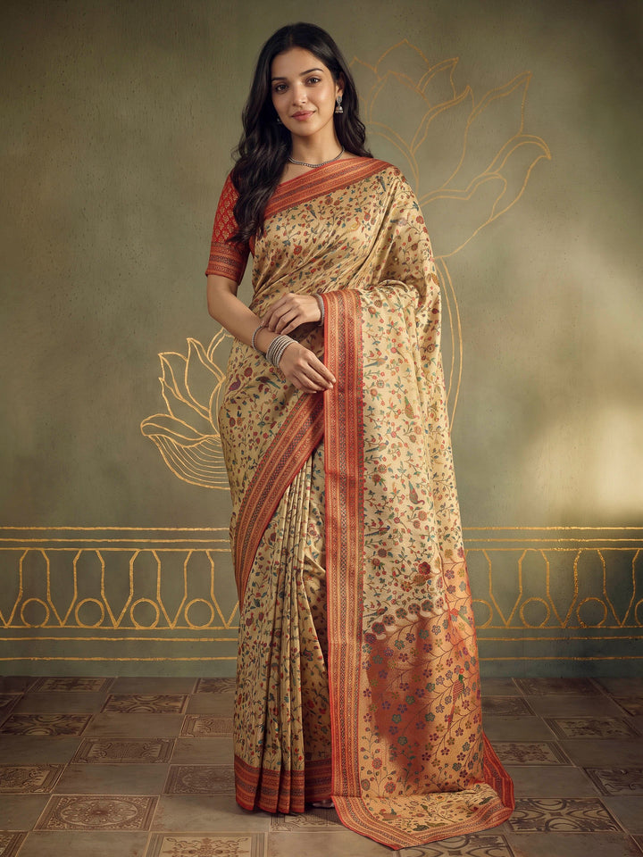 Beige Tissue Plain Saree