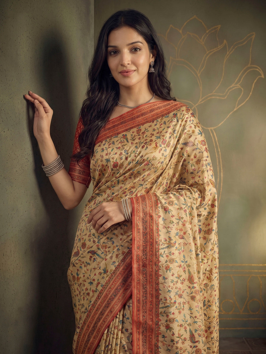 Beige Tissue Plain Saree