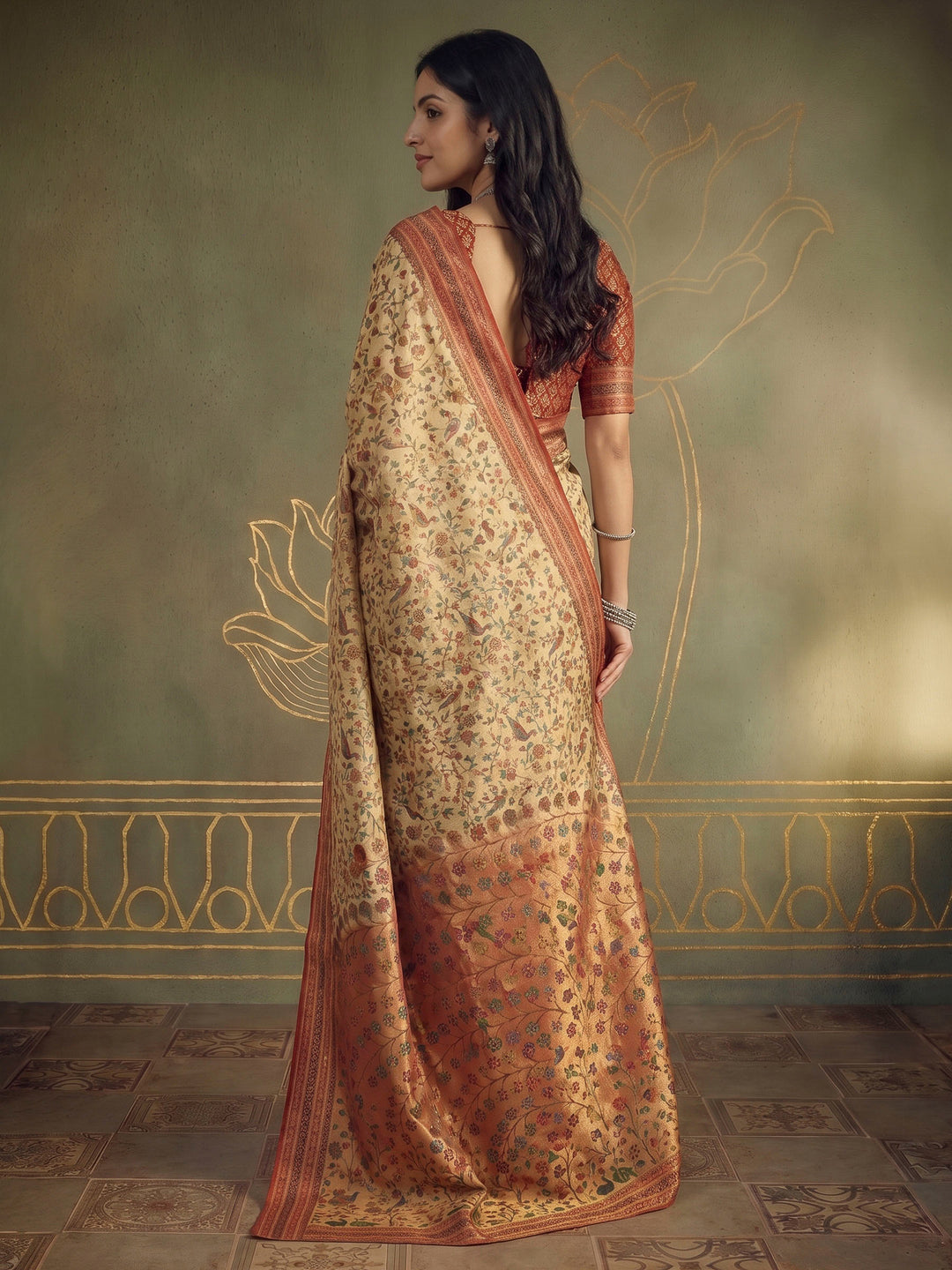 Beige Tissue Plain Saree