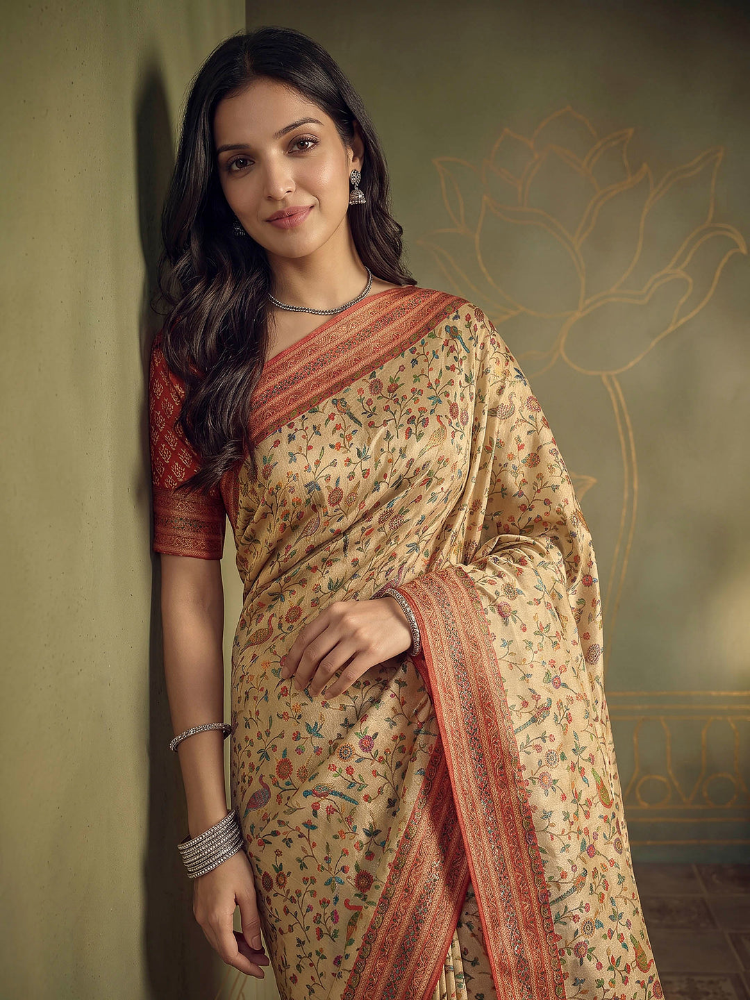 Beige Tissue Plain Saree