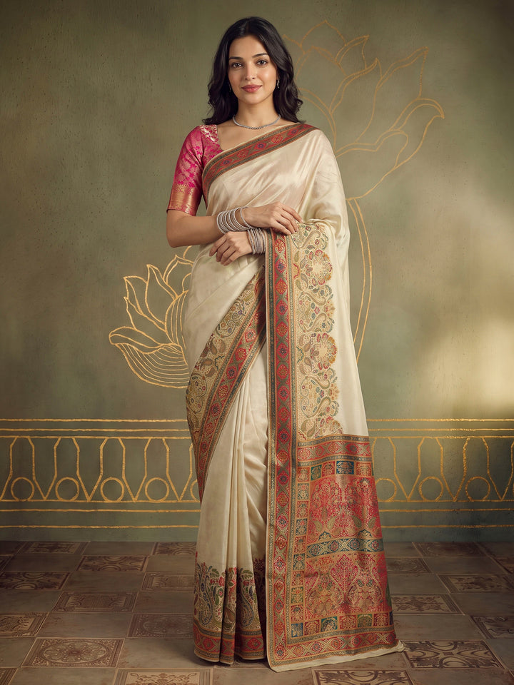 Beige Dola Silk Woven Saree