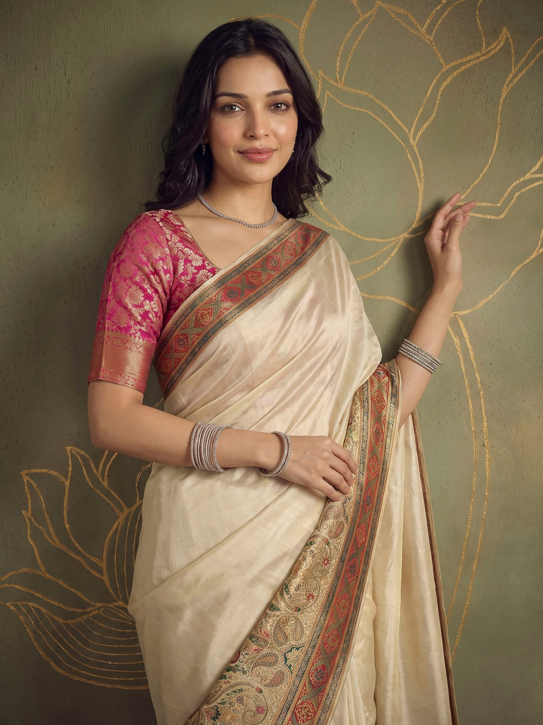 Beige Dola Silk Woven Saree