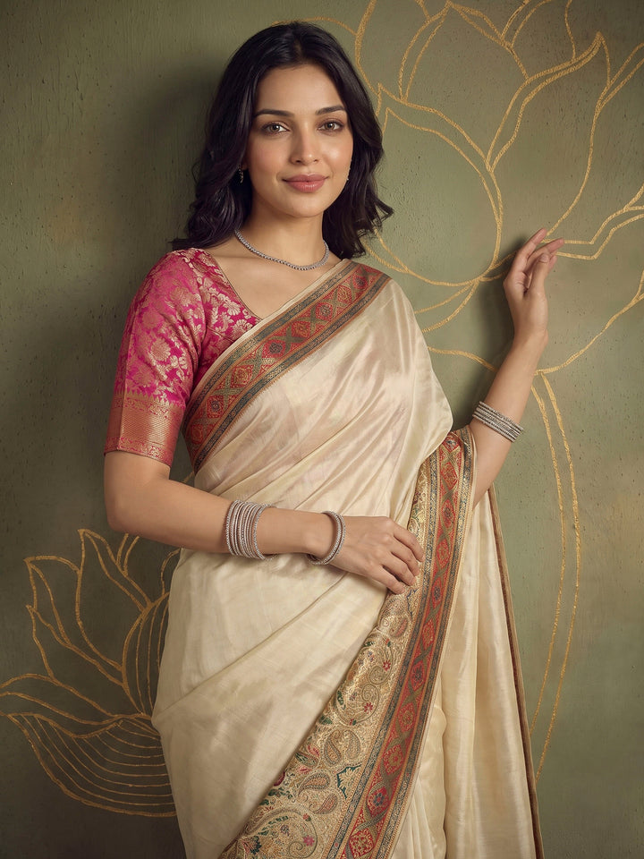 Beige Dola Silk Woven Saree