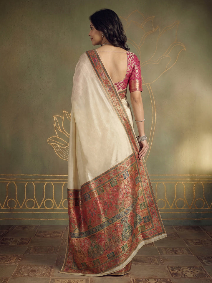 Beige Dola Silk Woven Saree