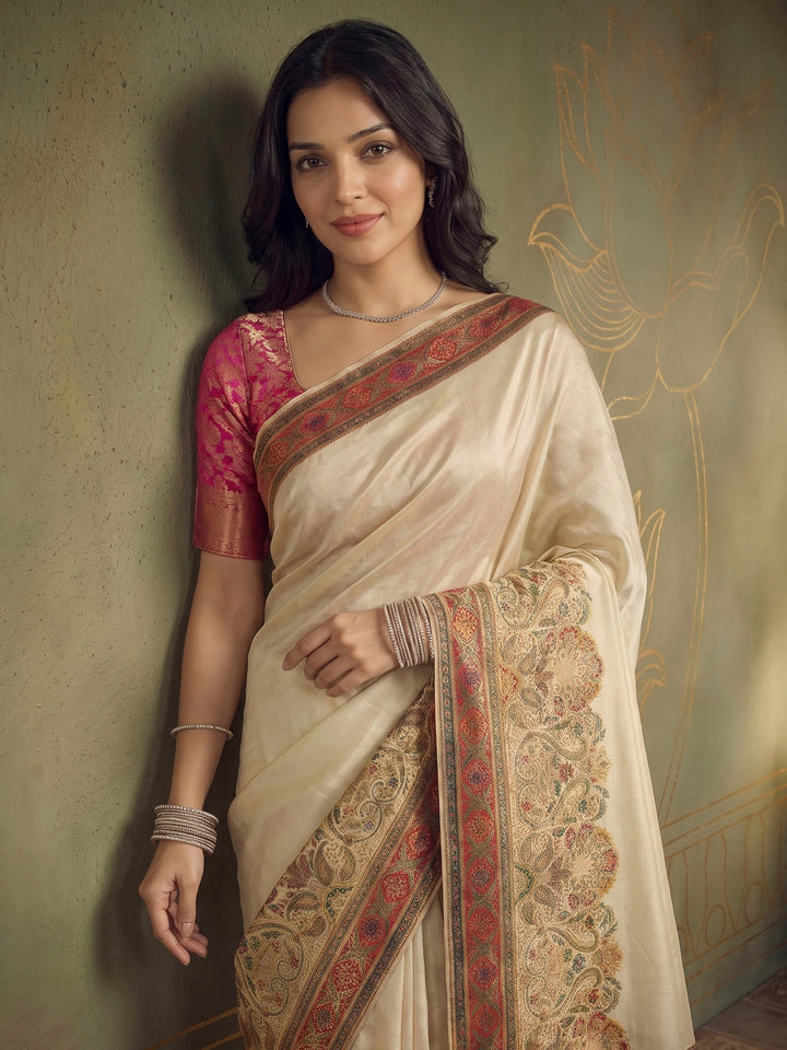 Beige Dola Silk Woven Saree