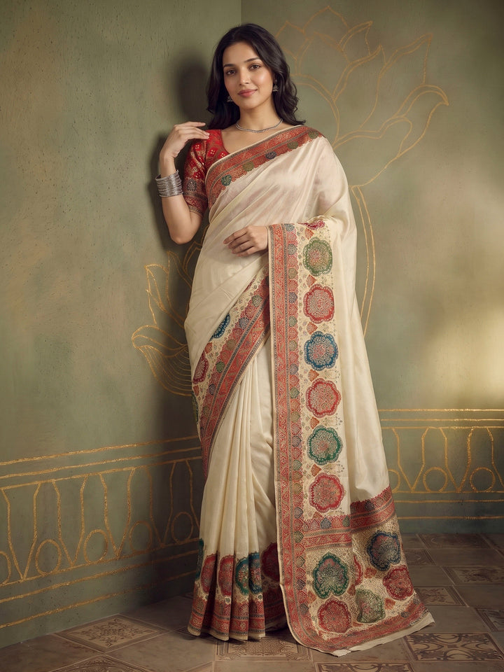 Beige Dola Silk Woven Saree